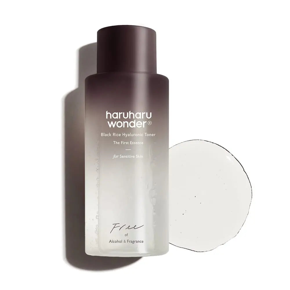 haruharu wonder Black Rice Hyaluronic Toner for Sensitive Skin 50ml bottle with clear toner liquid swatch on white background highlighting gentle hydration and alcohol-free formula
