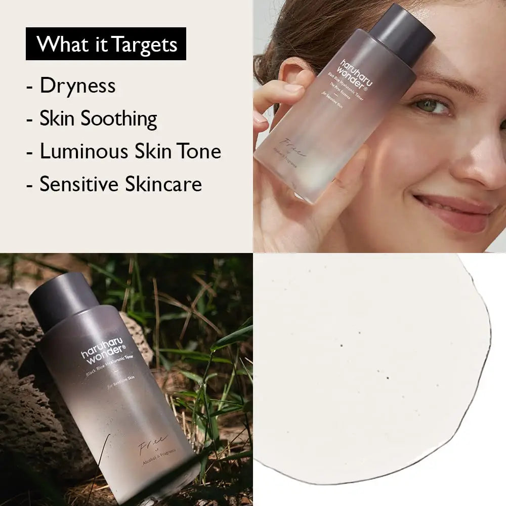 Woman holding haruharu wonder Black Rice Hyaluronic Toner for Sensitive Skin 50ml with text describing it targets dryness, skin soothing, luminous skin tone, and sensitive skincare, alongside product bottle and clear toner liquid on light background.