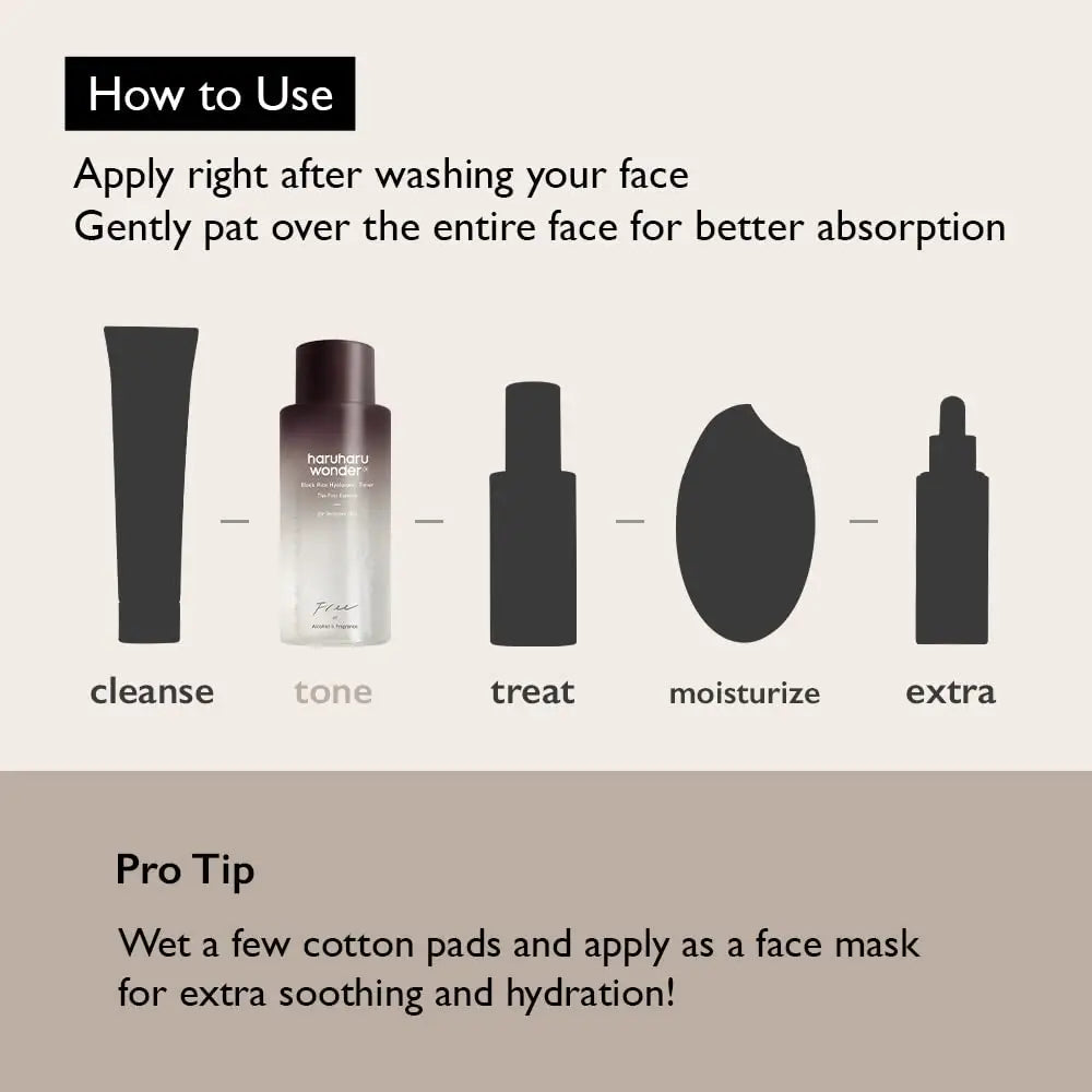 Instructions for using haruharu wonder Black Rice Hyaluronic Toner for Sensitive Skin 50ml with icons for cleanse, tone, treat, moisturize, and extra, plus a pro tip to use cotton pads as a face mask for added hydration.