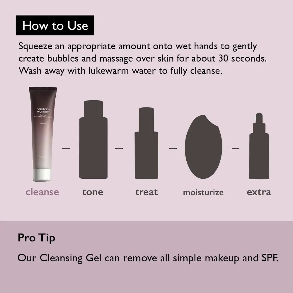 haruharu wonder Black Rice Moisture 5.5 Soft Cleansing Gel 100ml tube displayed with usage instructions to gently massage on wet hands, rinse with lukewarm water, and remove simple makeup and SPF.
