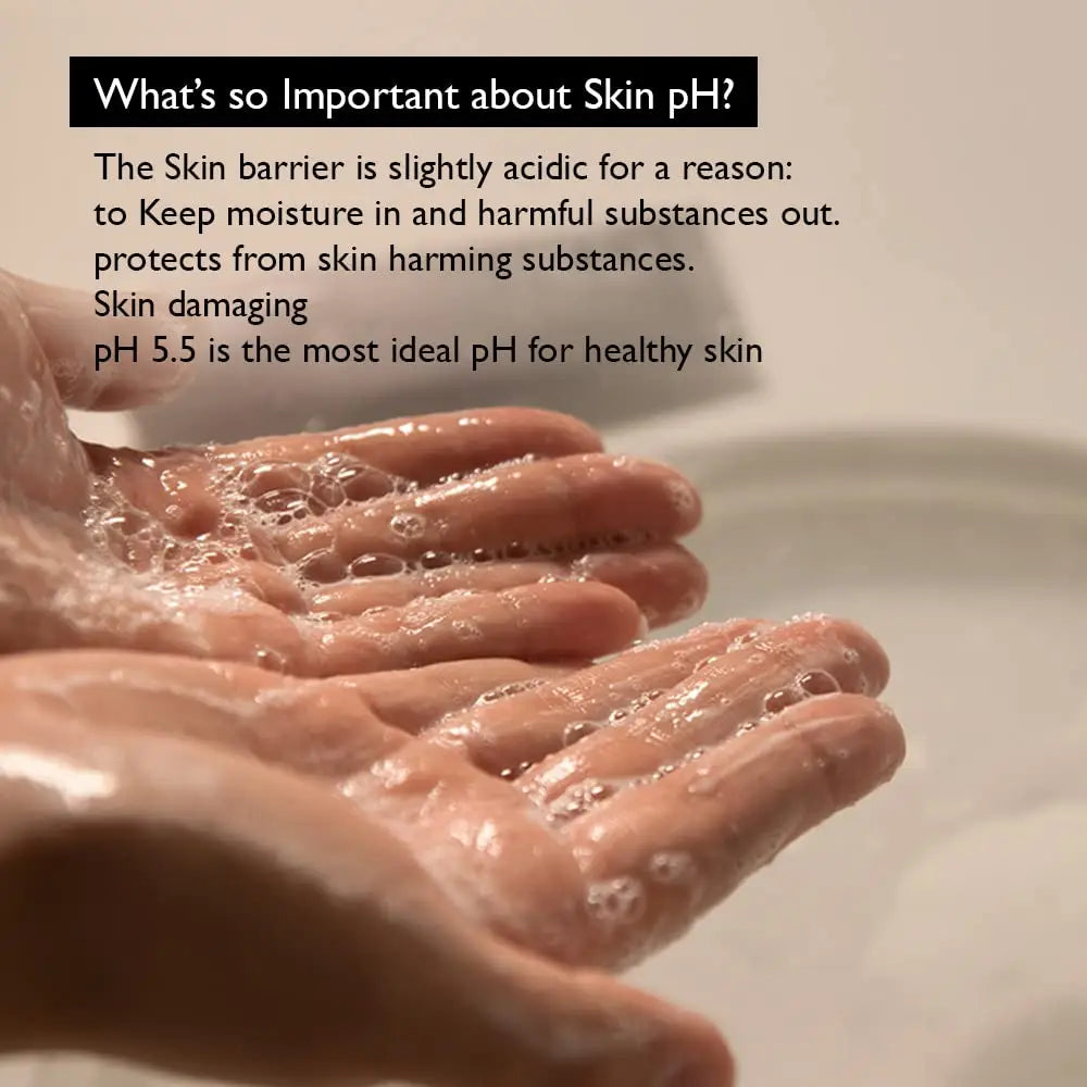 Hands covered in gentle foam illustrating the importance of skin pH balance, highlighting that pH 5.5 is ideal for healthy skin with haruharu wonder Black Rice Moisture 5.5 Soft Cleansing Gel 100ml.