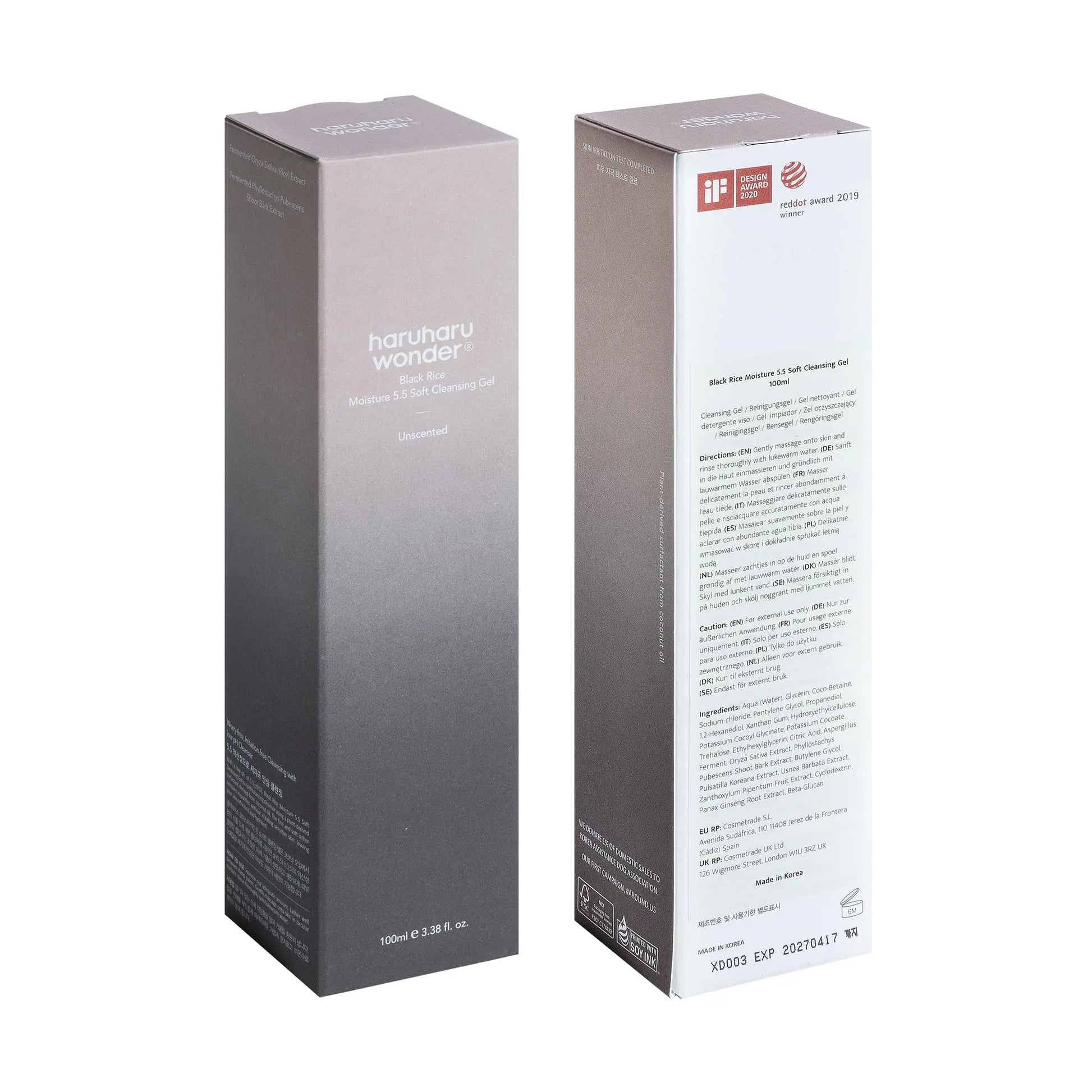 Packaging of haruharu wonder Black Rice Moisture 5.5 Soft Cleansing Gel 100ml showing front and back details with gradient grey design and product information text.