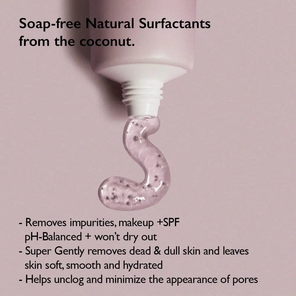 Clear gel being squeezed from a light purple tube on a pale pink background with text describing haruharu wonder Black Rice Moisture 5.5 Soft Cleansing Gel 100ml benefits such as gentle cleansing, makeup and SPF removal, hydration, and pore minimization.