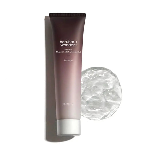 haruharu wonder Black Rice Moisture 5.5 Soft Cleansing Gel 100ml tube next to a clear gel texture sample on a white background