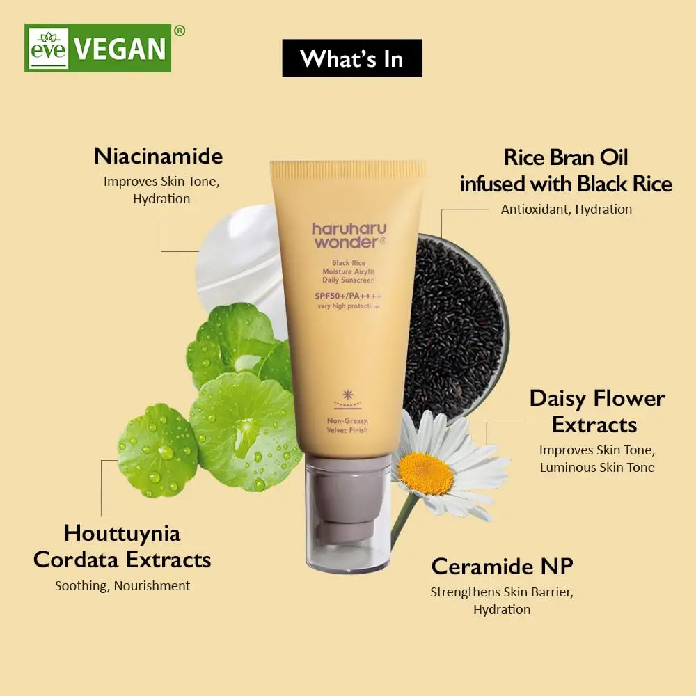 Tube of haruharu wonder Black Rice Moisture Airyfit Sunscreen 50ml surrounded by illustrations of its key ingredients including niacinamide, rice bran oil infused with black rice, daisy flower extracts, houttuynia cordata extracts, and ceramide NP on a beige background.