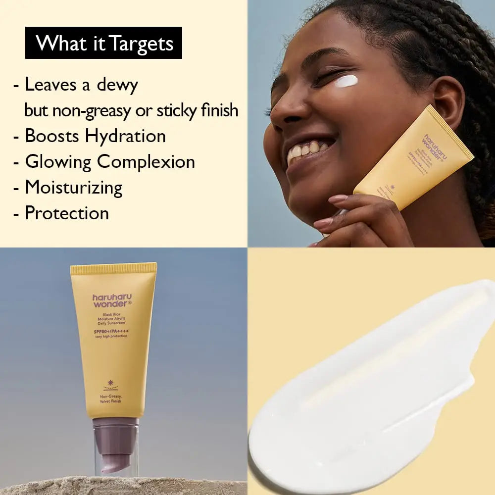 Woman smiling with haruharu wonder Black Rice Moisture Airyfit Sunscreen 50ml applied on cheek, alongside product tube and white creamy texture on beige background, highlighting hydration and non-greasy finish.
