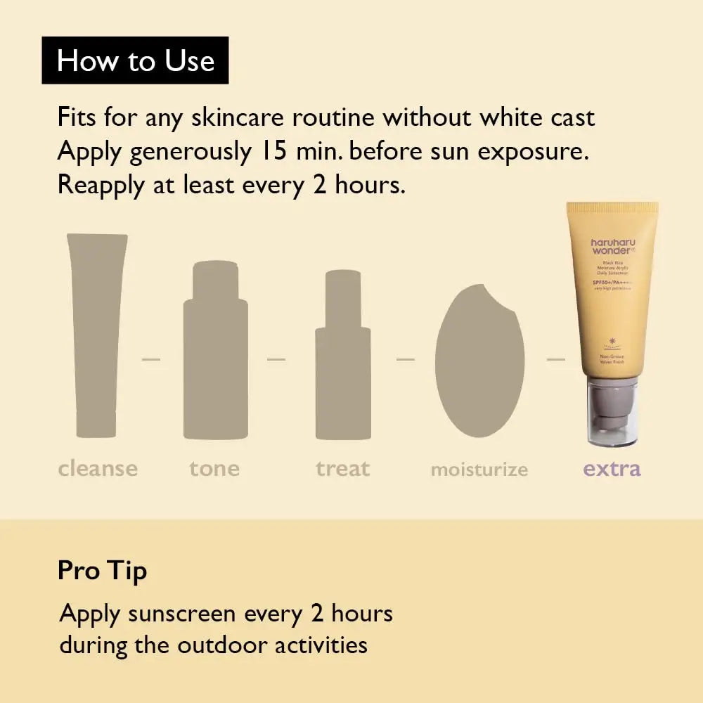 Instructional image showing how to use haruharu wonder Black Rice Moisture Airyfit Sunscreen 50ml as the final step in skincare routine with tips to apply generously 15 minutes before sun exposure and reapply every 2 hours during outdoor activities