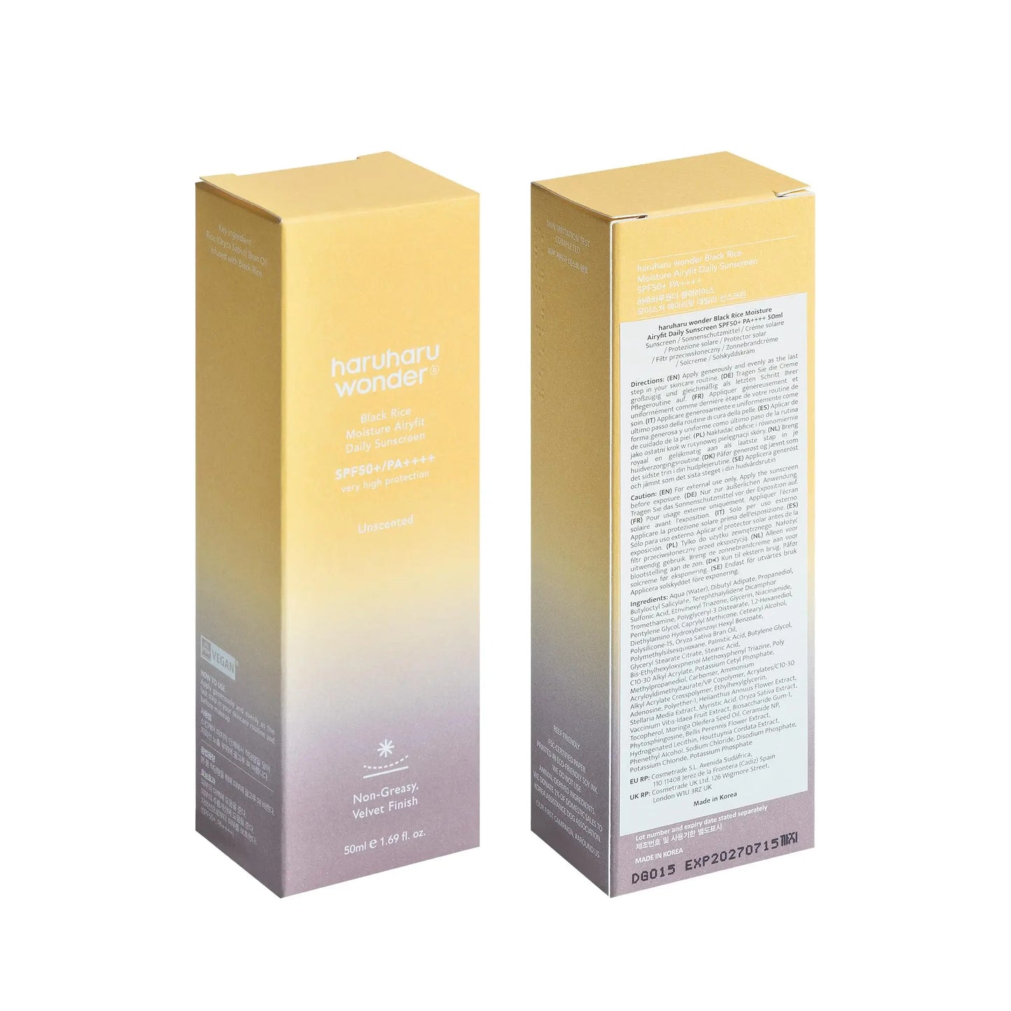 haruharu wonder Black Rice Moisture Airyfit Sunscreen 50ml packaging showing front and back with yellow to purple gradient and detailed product information on white panel