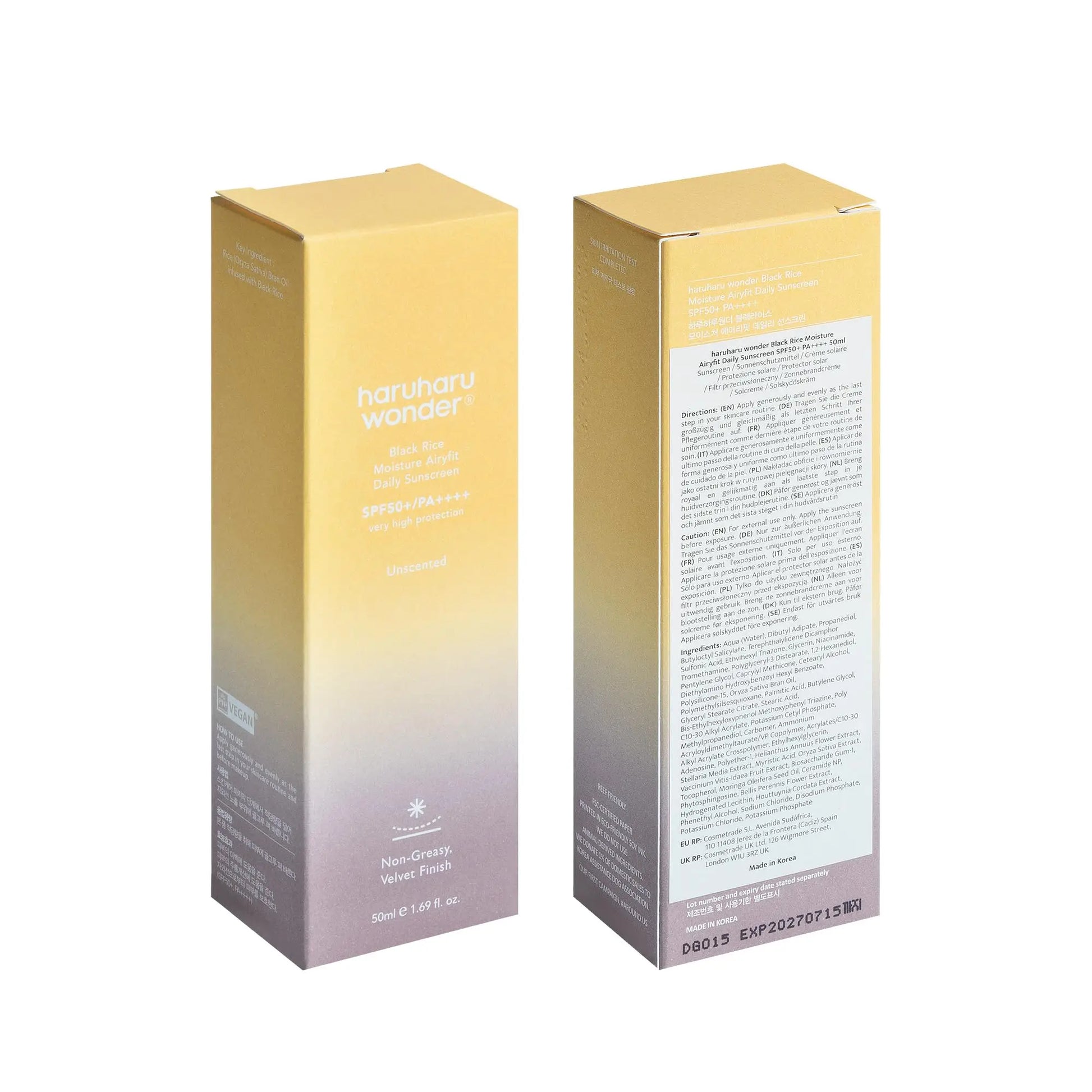 haruharu wonder Black Rice Moisture Airyfit Sunscreen 50ml packaging showing front and back with yellow to purple gradient and detailed product information on white panel