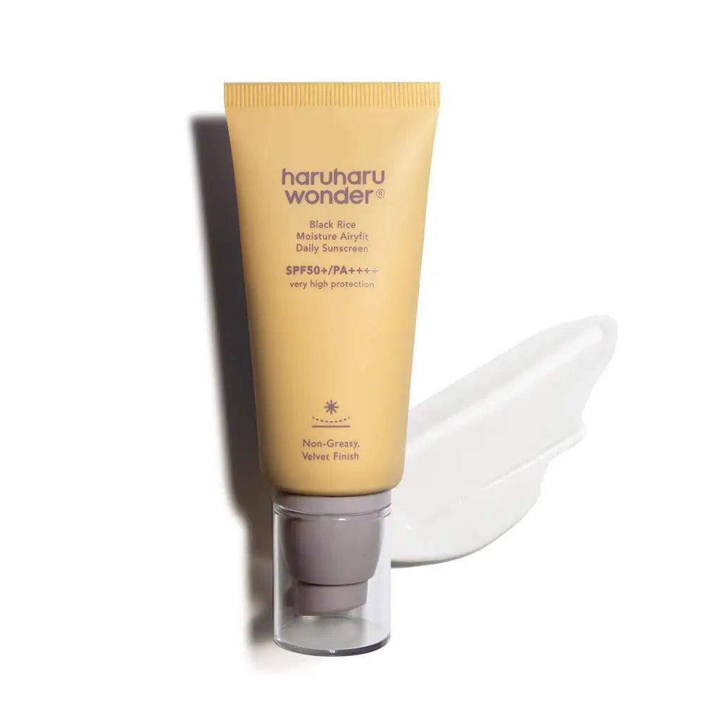 haruharu wonder Black Rice Moisture Airyfit Sunscreen 50ml tube with smooth white sunscreen texture and non-greasy, velvet finish text on packaging
