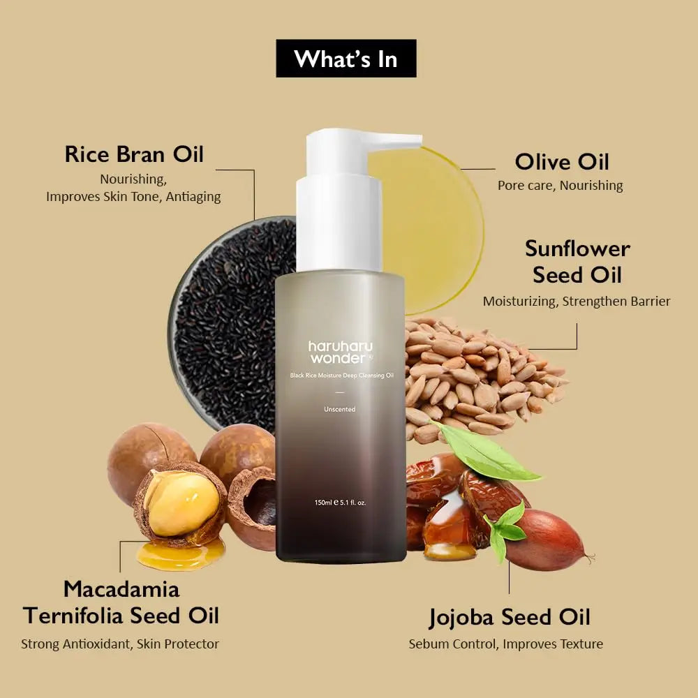 haruharu wonder Black Rice Moisture Deep Cleansing Oil 150ml with rice bran oil, olive oil, sunflower seed oil, macadamia ternifolia seed oil, and jojoba seed oil for nourishing, pore care, and skin protection.