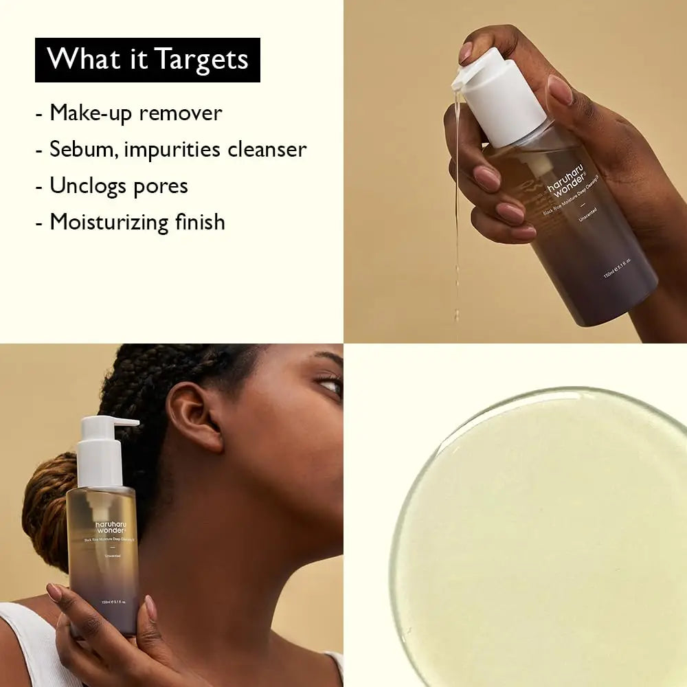 Collage showing haruharu wonder Black Rice Moisture Deep Cleansing Oil 150ml dispensed from bottle, held by a person, product texture close-up, and text listing targets including make-up remover, sebum cleanser, unclogs pores, and moisturizing finish.
