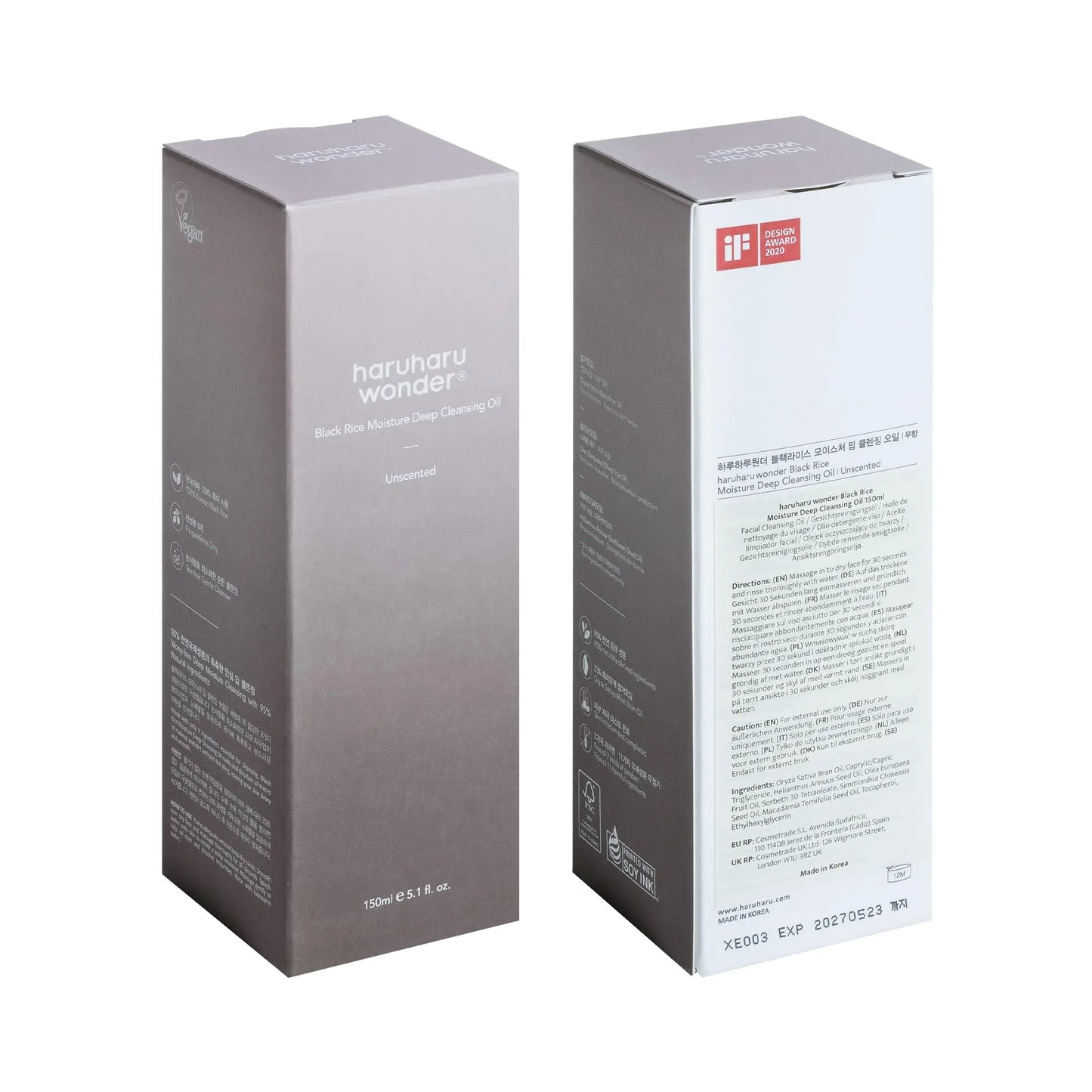 Packaging box of haruharu wonder Black Rice Moisture Deep Cleansing Oil 150ml with front and back views, showcasing product details and design in neutral tones.