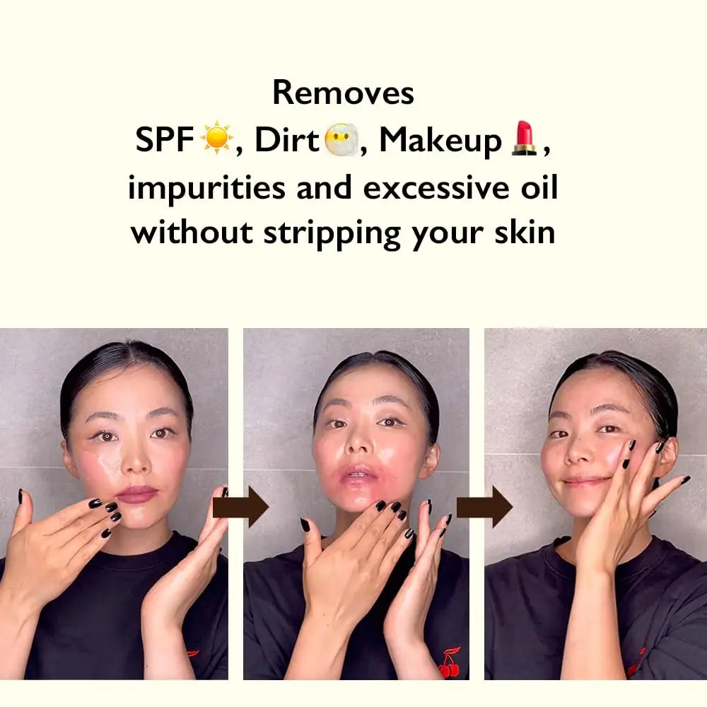 A sequence of three images shows a woman demonstrating cleansing steps using haruharu wonder Black Rice Moisture Deep Cleansing Oil 150ml, highlighting its ability to remove SPF, dirt, makeup, impurities, and excess oil while keeping skin hydrated.