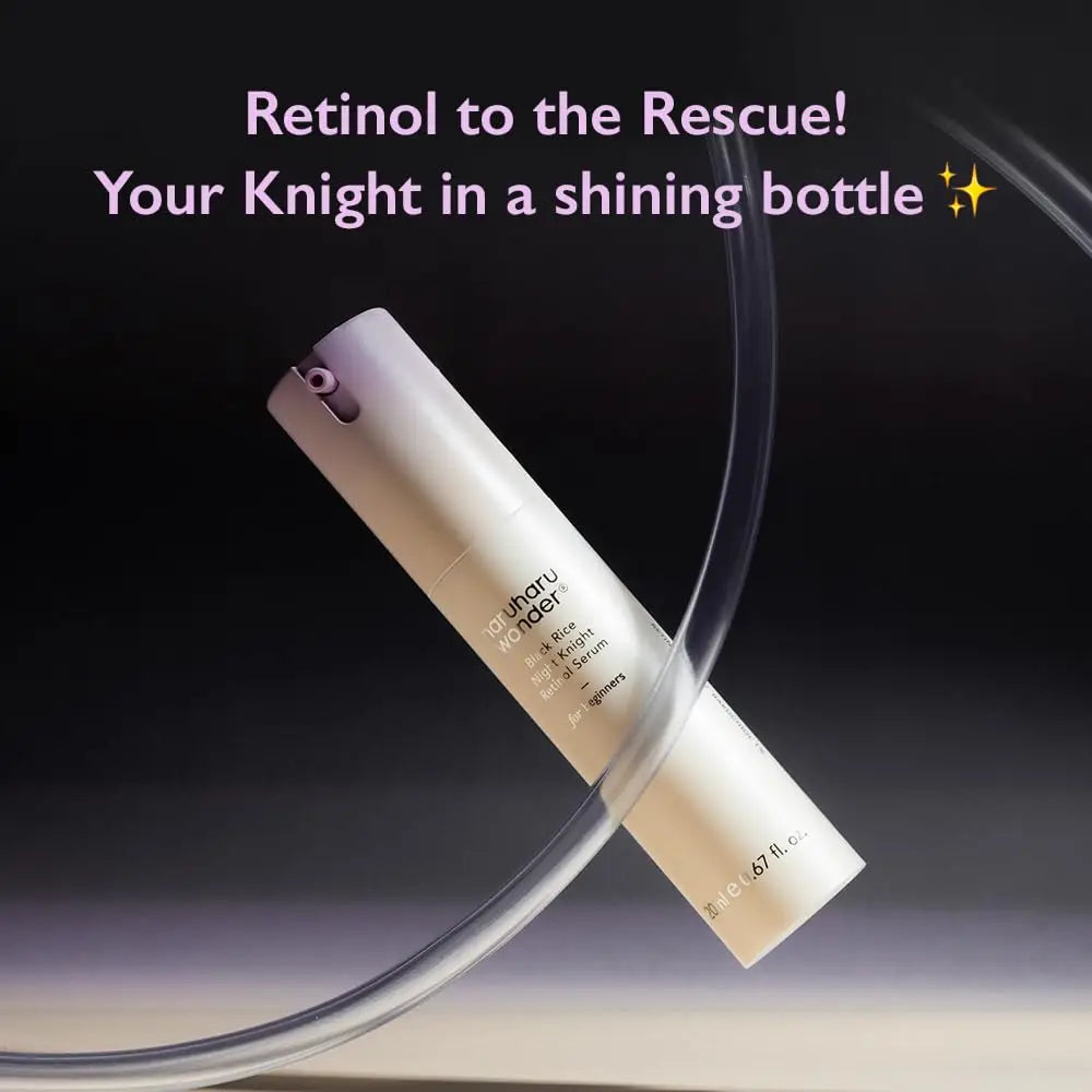 haruharu wonder Black Rice Night Knight Retinol Serum 20ml bottle displayed with elegant dark background and text highlighting retinol benefits as a shining rescue knight