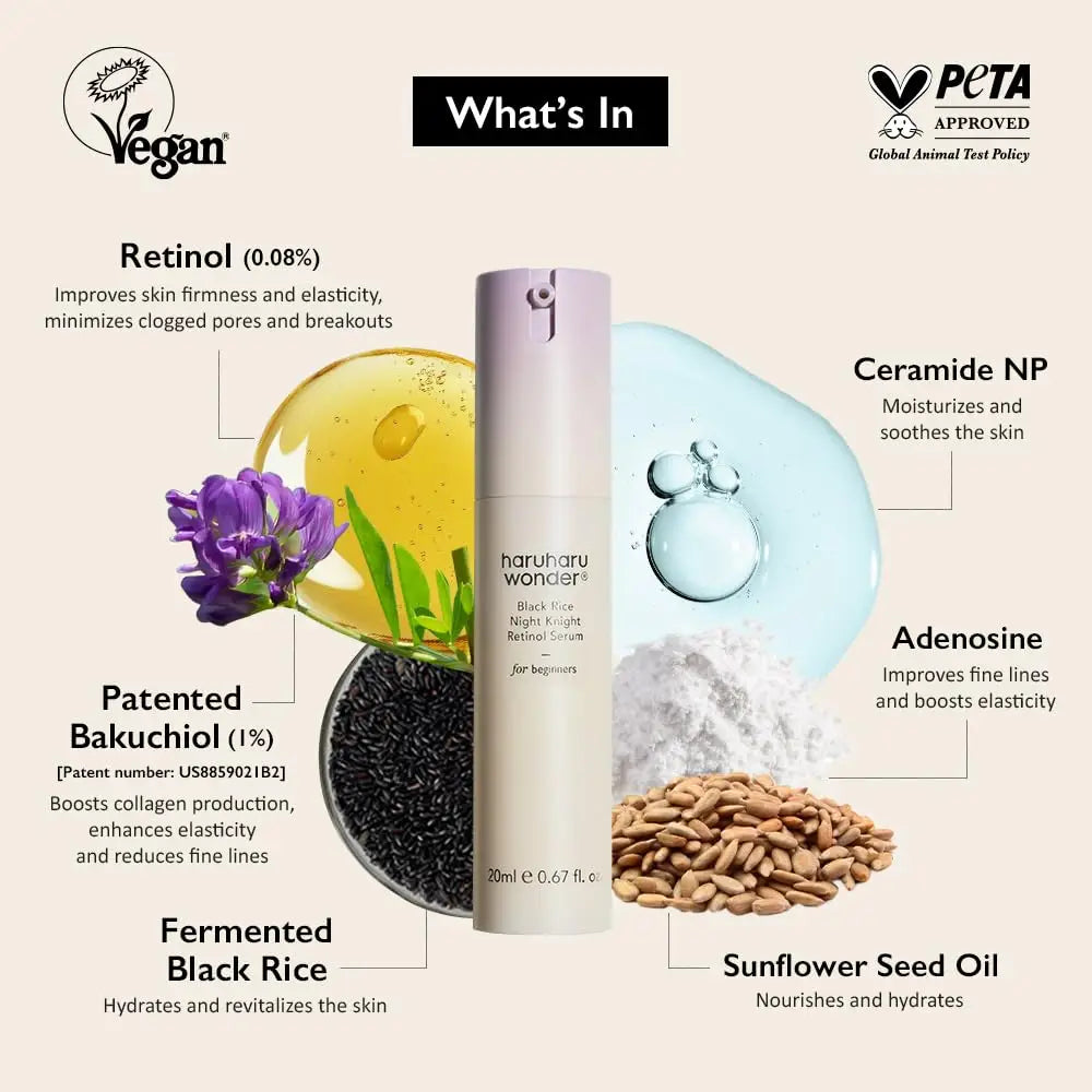 haruharu wonder Black Rice Night Knight Retinol Serum 20ml bottle surrounded by ingredient visuals including retinol, ceramide NP, adenosine, sunflower seed oil, fermented black rice, patented bakuchiol, with vegan and PETA approved logos on a beige background