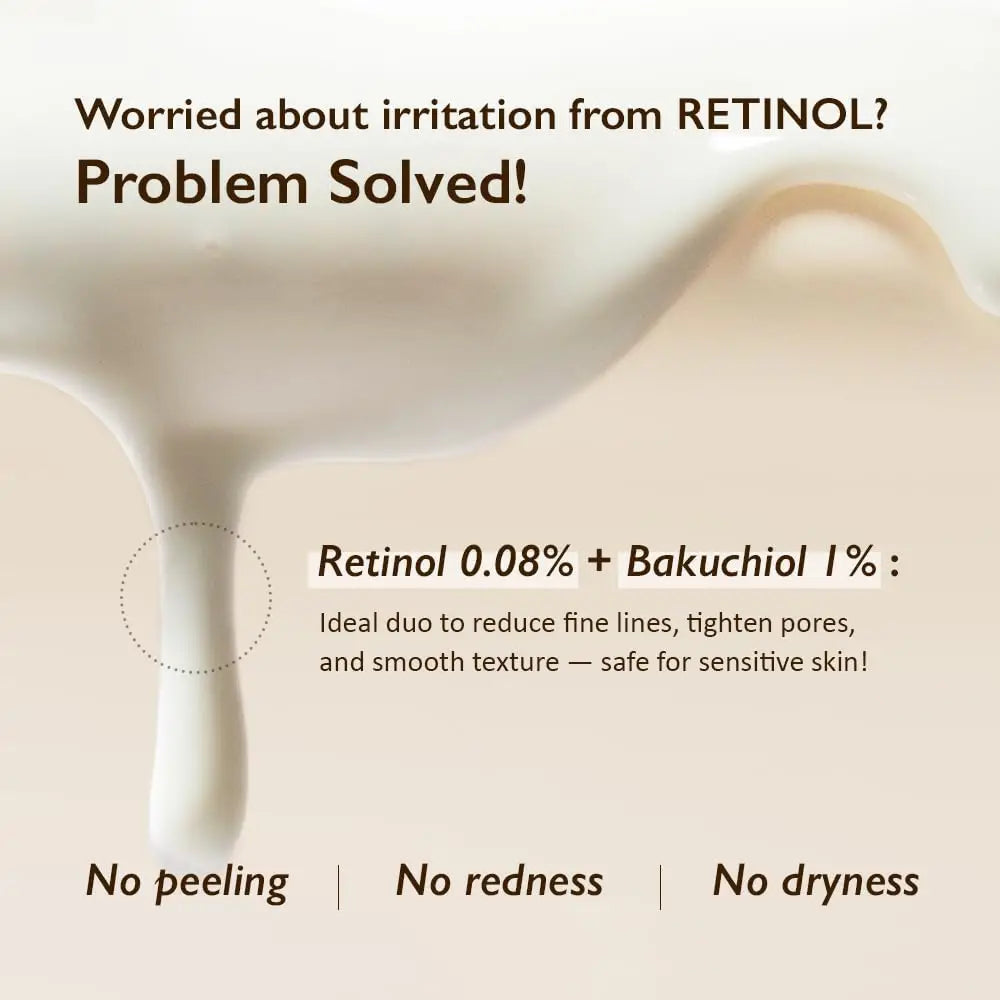 Close-up of creamy serum texture with text highlighting haruharu wonder Black Rice Night Knight Retinol Serum 20ml features, promoting retinol 0.08% and bakuchiol 1% to reduce fine lines and smooth skin without irritation, peeling, redness, or dryness, suitable for sensitive skin.