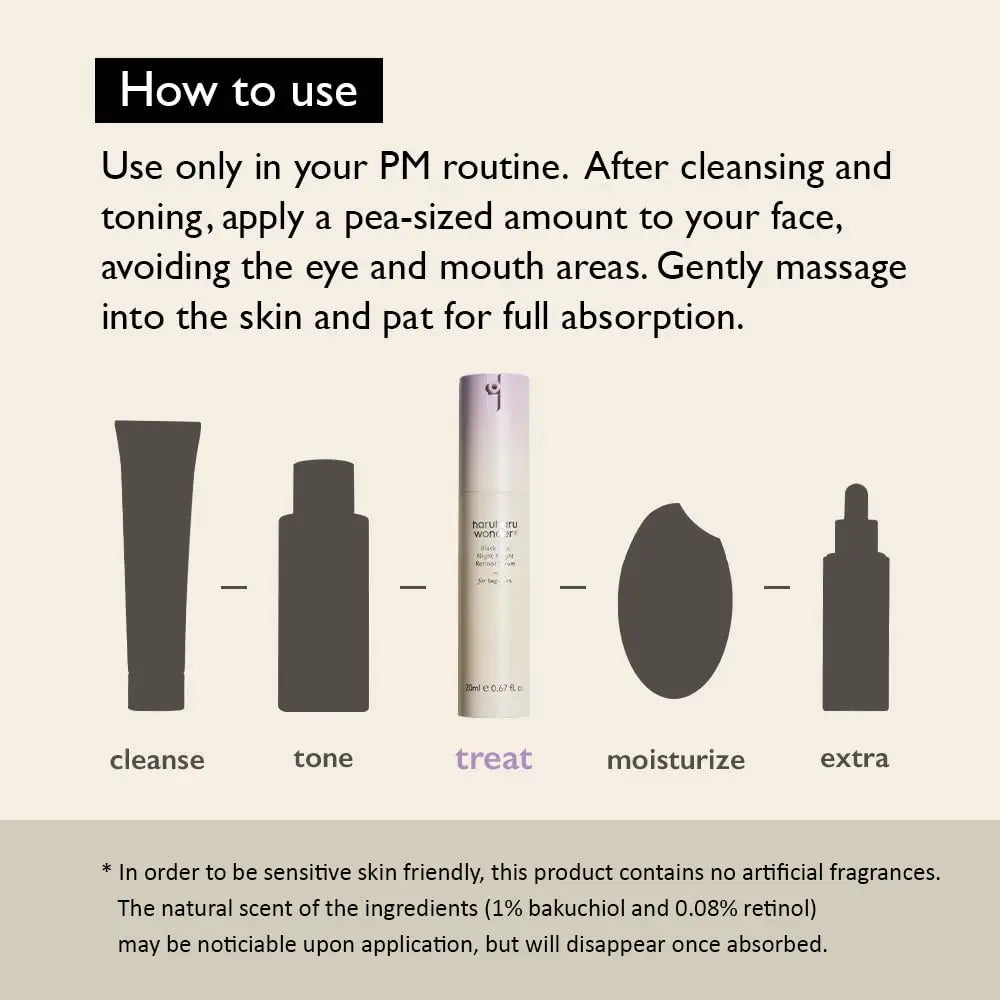 Instructions for nighttime skincare routine showing cleansing, toning, applying haruharu wonder Black Rice Night Knight Retinol Serum 20ml in a pea-sized amount, moisturizing, and optional extra steps with a note on fragrance-free formula for sensitive skin.