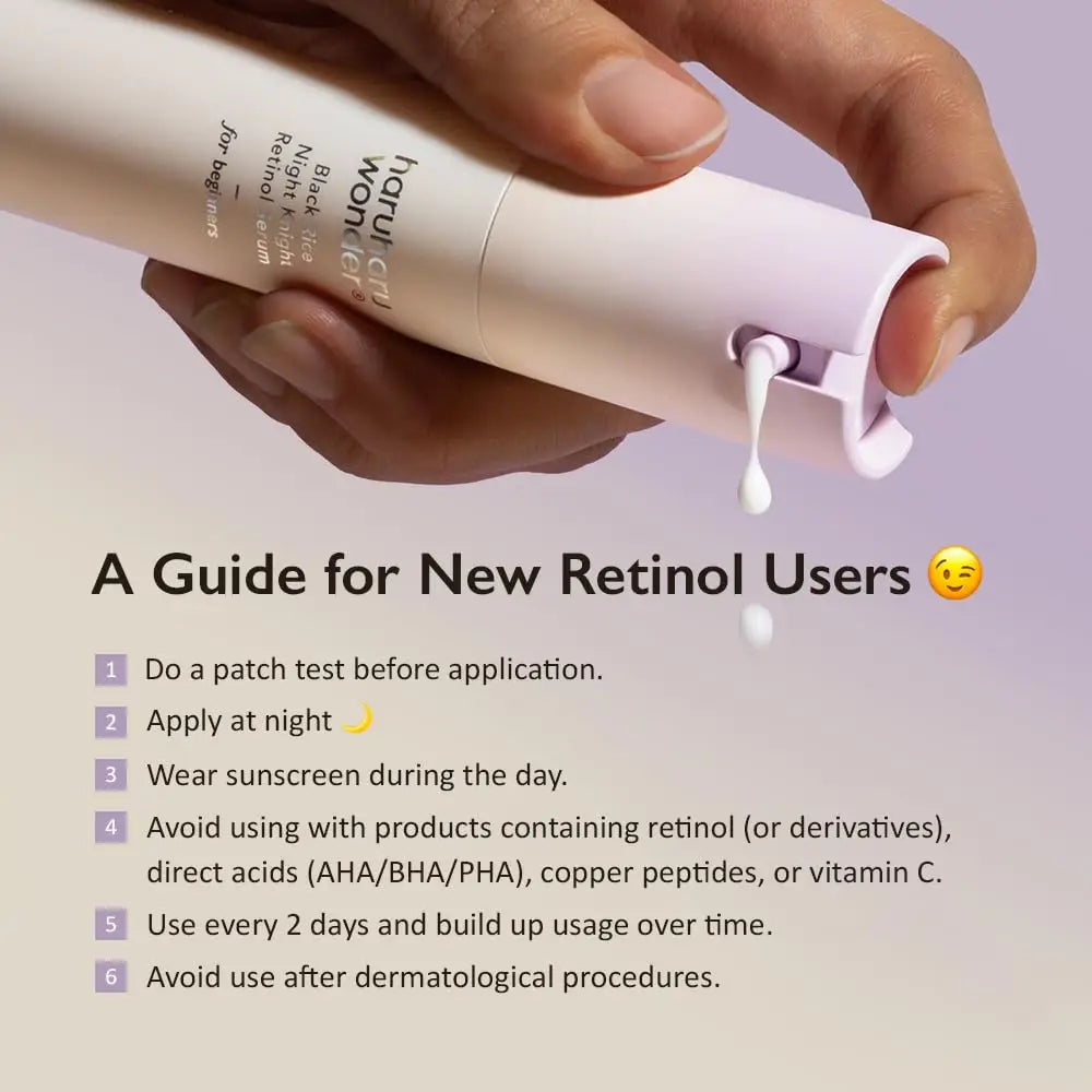 Hand squeezing white cream from haruharu wonder Black Rice Night Knight Retinol Serum 20ml bottle above a guide for new retinol users with application tips.