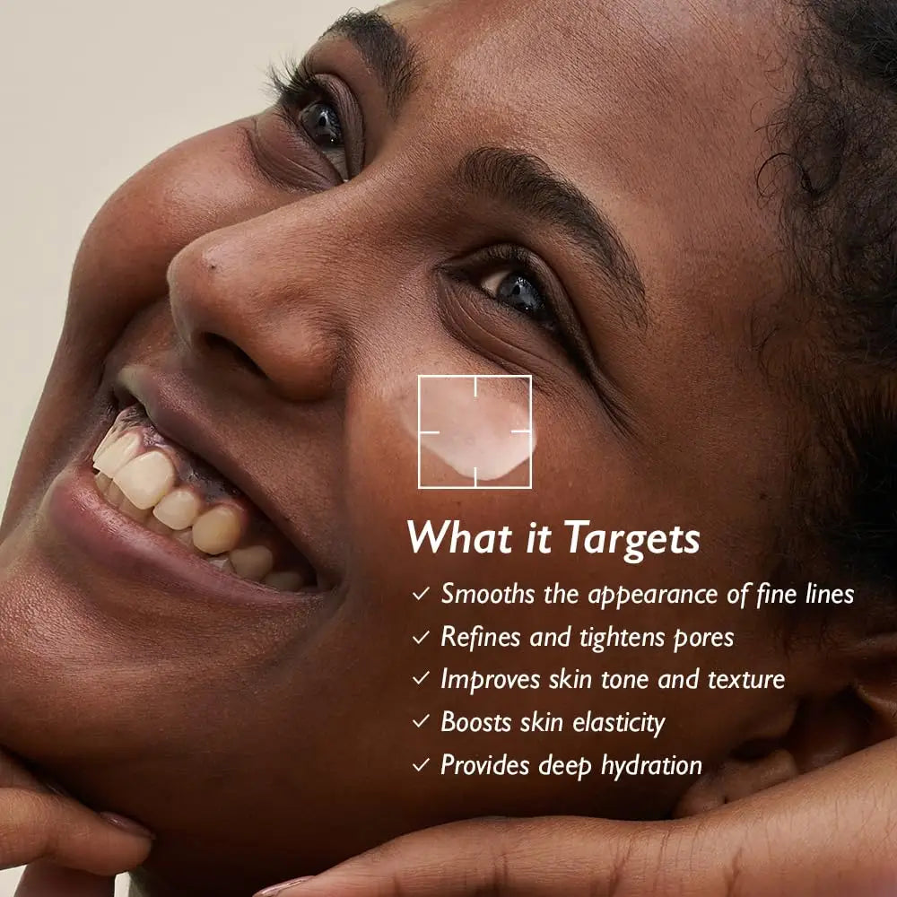 Close-up of a smiling person with smooth, hydrated skin, highlighting benefits of haruharu wonder Black Rice Night Knight Retinol Serum 20ml for fine lines, pore tightening, skin tone, elasticity, and hydration.