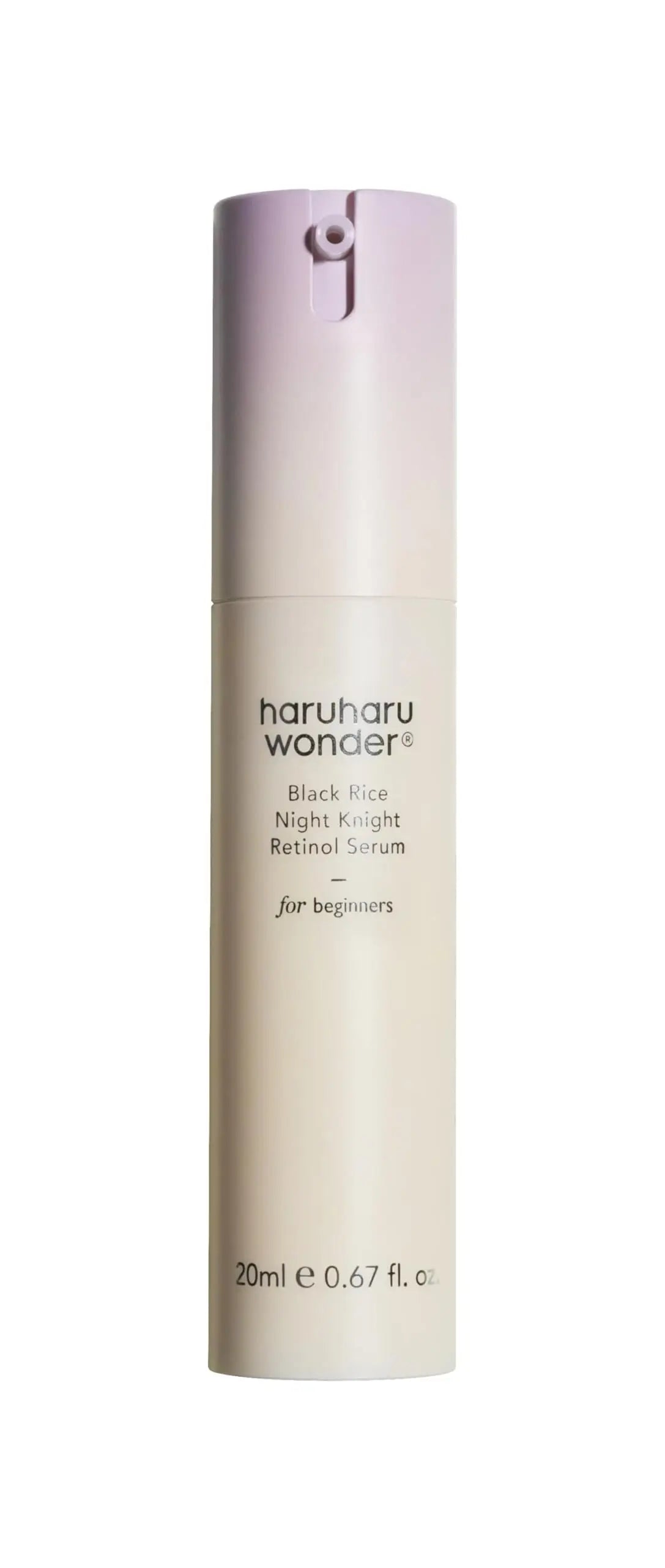 Bottle of haruharu wonder Black Rice Night Knight Retinol Serum 20ml with light beige and soft pink gradient packaging designed for beginners in skincare.