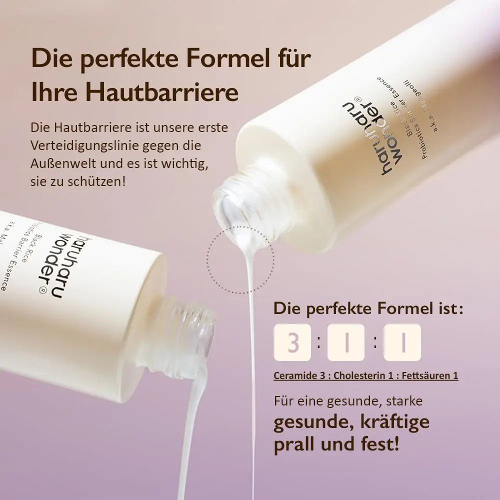 Two beige tubes pouring white essence liquid with German text about skin barrier and formula ratio, featuring haruharu wonder Black Rice Probiotics Barrier Essence 120ml product.