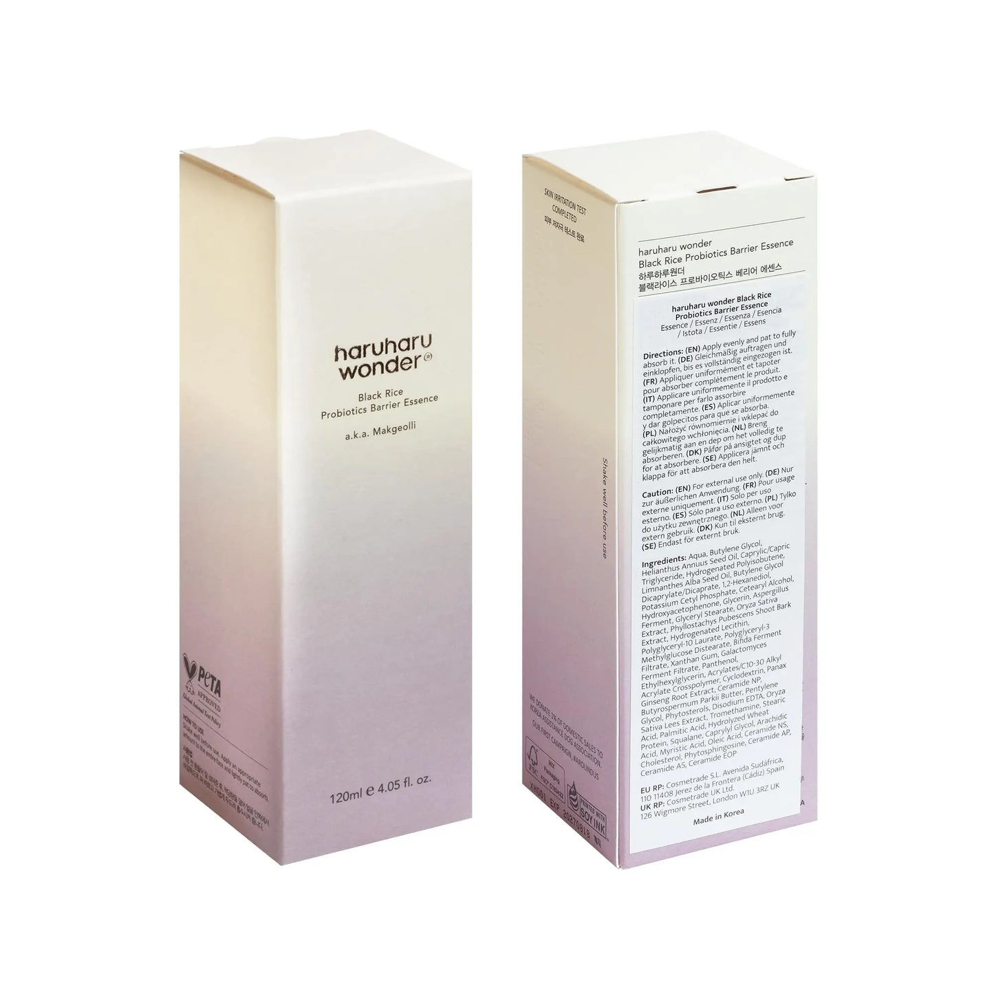 Packaging box of haruharu wonder Black Rice Probiotics Barrier Essence 120ml with product name, usage instructions, and ingredients information displayed on the sides.