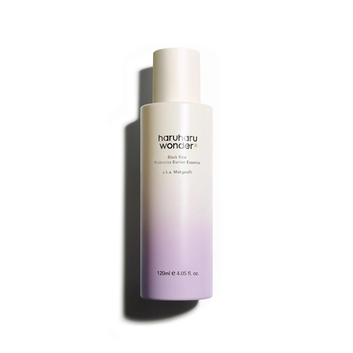 Bottle of haruharu wonder Black Rice Probiotics Barrier Essence 120ml with a white-to-lavender gradient design, standing upright on a white background.