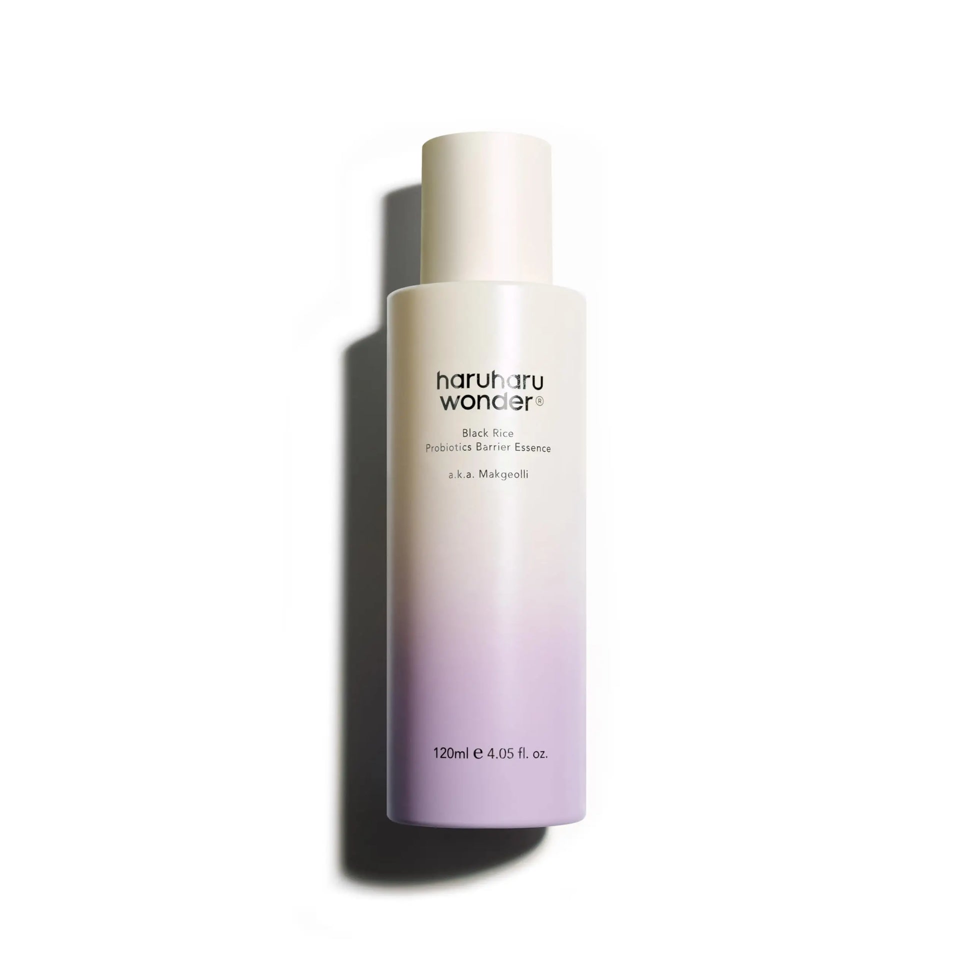 Bottle of haruharu wonder Black Rice Probiotics Barrier Essence 120ml with a white-to-lavender gradient design, standing upright on a white background.