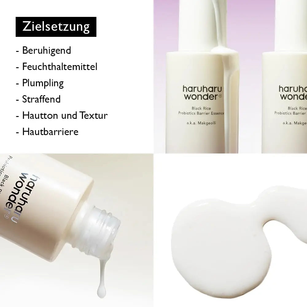 Four-part collage showing haruharu wonder Black Rice Probiotics Barrier Essence 120ml bottle with white pump dispenser, a close-up of the white creamy essence pouring from the bottle, and a smear of the creamy texture on a white surface, highlighting its calming and moisturizing skincare benefits.