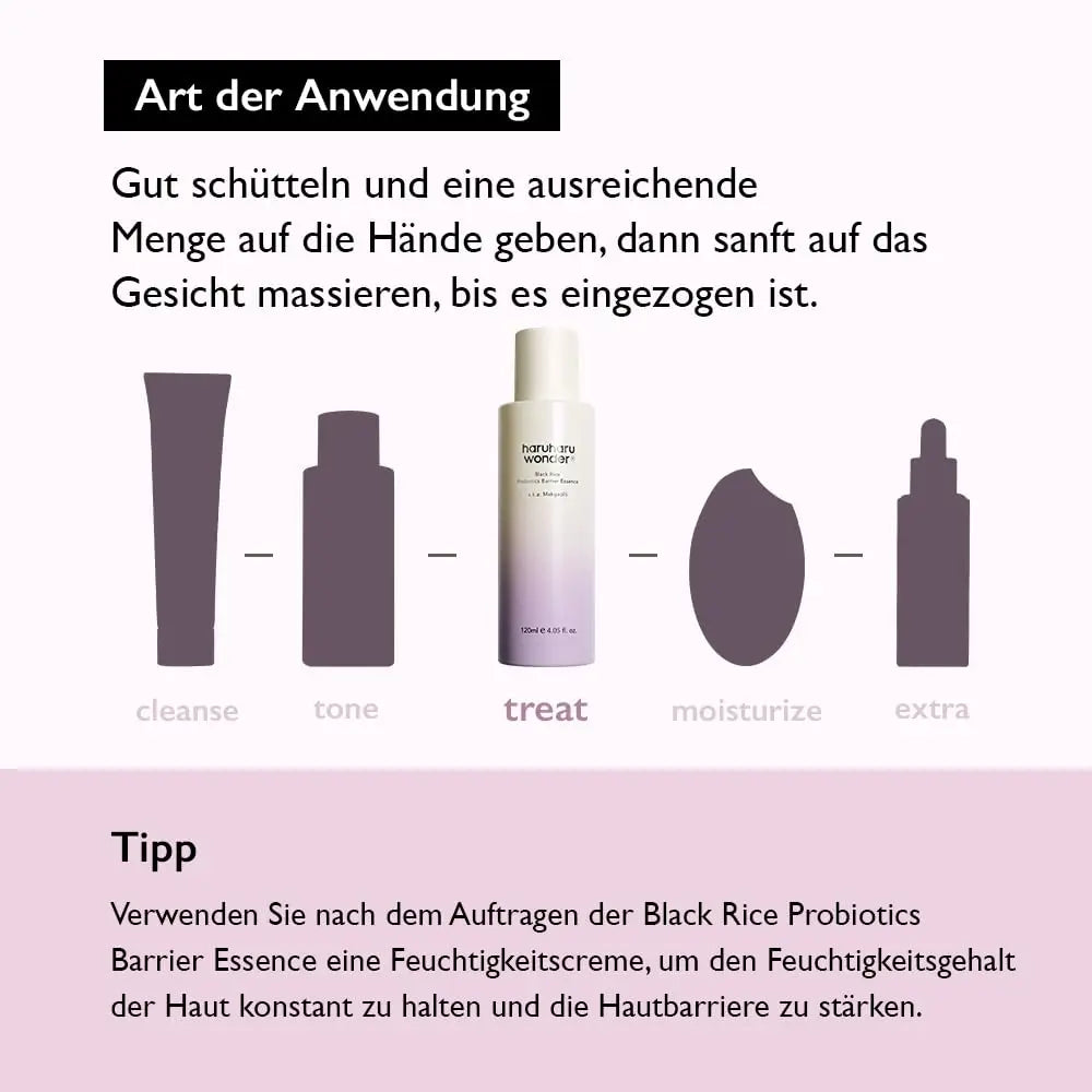 Instructional graphic in German showing the application steps of haruharu wonder Black Rice Probiotics Barrier Essence 120ml, highlighting the treat step with an image of the product bottle among icons for cleanse, tone, moisturize, and extra, along with usage tips for optimal skin hydration and barrier strengthening.