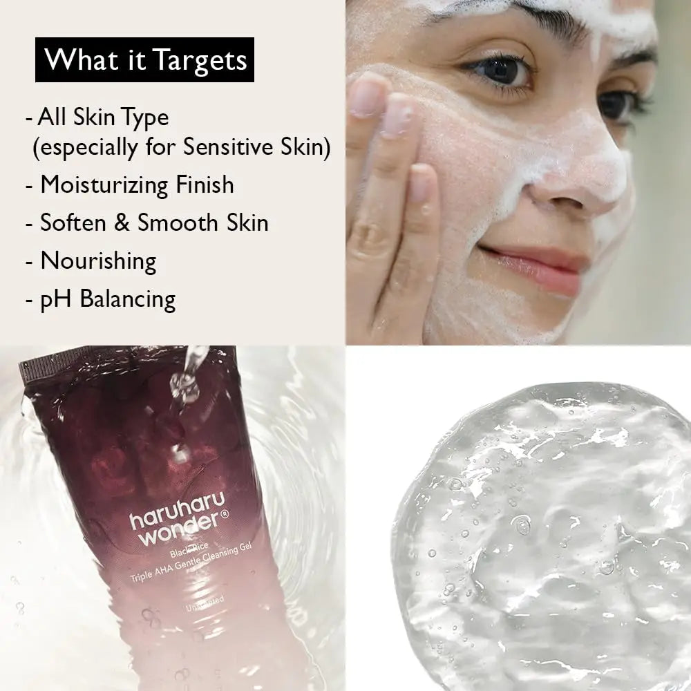 Close-up of a woman gently cleansing her face with foam, alongside haruharu wonder Black Rice Triple AHA Gentle Cleansing Gel 100ml bottle submerged in water, and a clear gel texture, highlighting the product’s moisturizing, softening, nourishing, and pH balancing benefits for all skin types, especially sensitive skin.