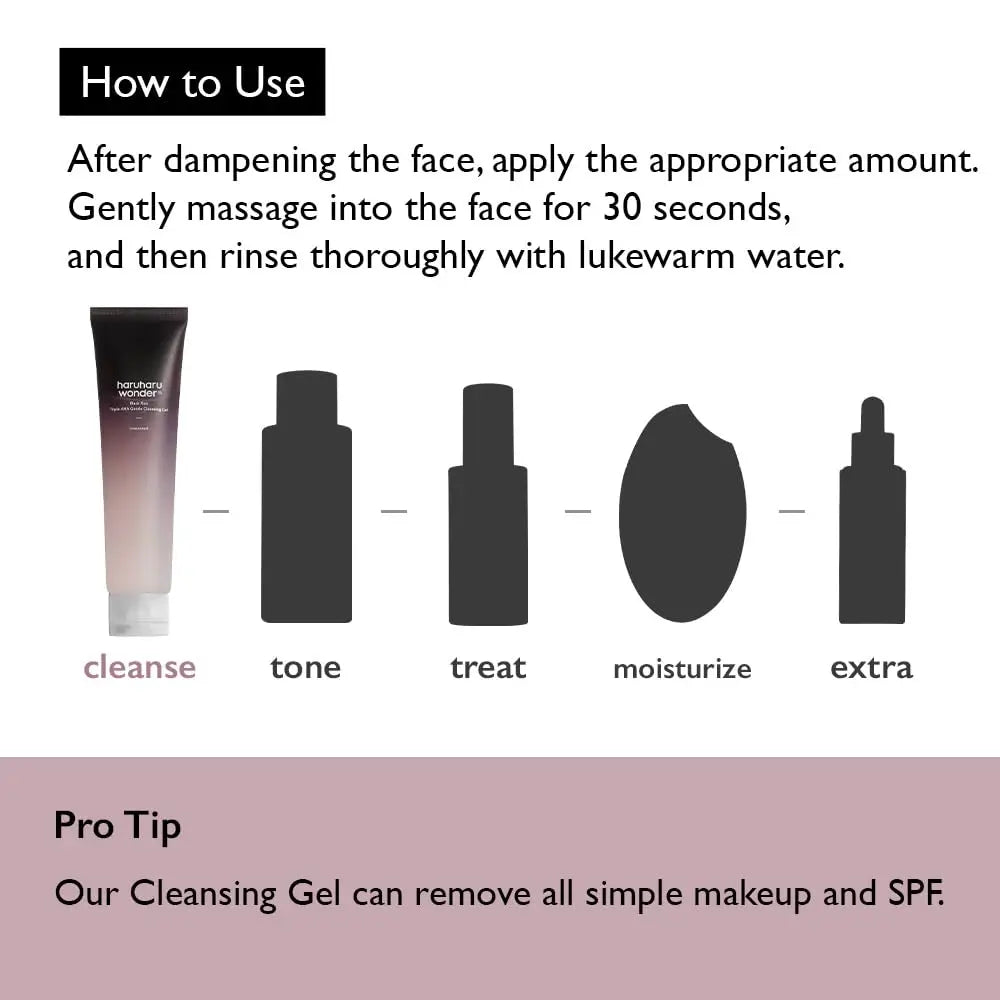 Instructional image showing how to use haruharu wonder Black Rice Triple AHA Gentle Cleansing Gel 100ml by applying to dampened face, massaging for 30 seconds, and rinsing with lukewarm water, with a pro tip that it removes simple makeup and SPF.