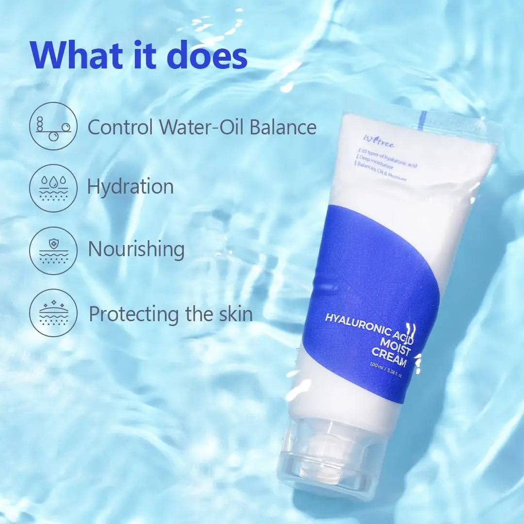 ISNTRE Hyaluronic Acid Moist Cream 100ml tube floating in clear water with text describing benefits including controlling water-oil balance, hydration, nourishing, and protecting the skin.