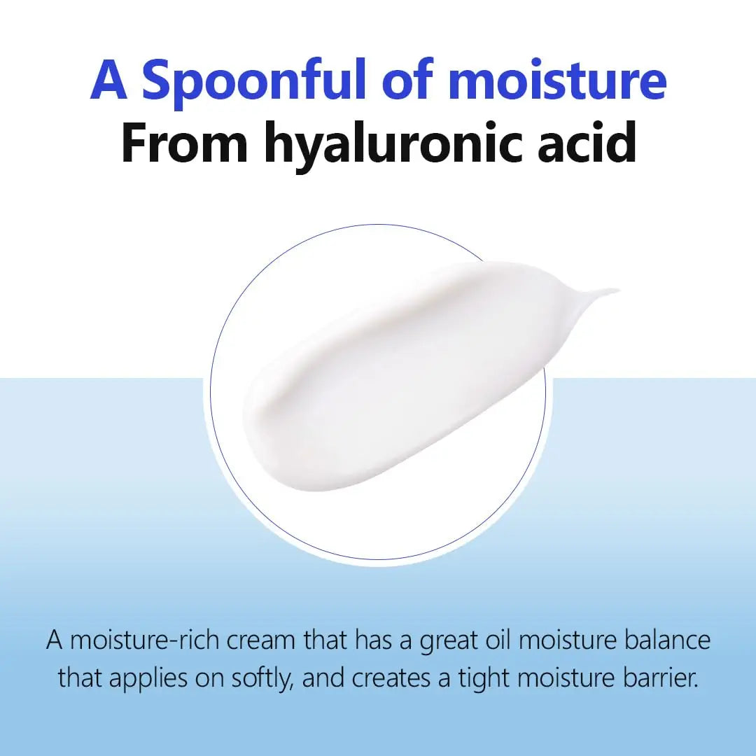 Close-up of a smooth white cream texture with text highlighting its moisture-rich formula and oil moisture balance, promoting gentle application and tight moisture barrier for ISNTRE Hyaluronic Acid Moist Cream 100ml.