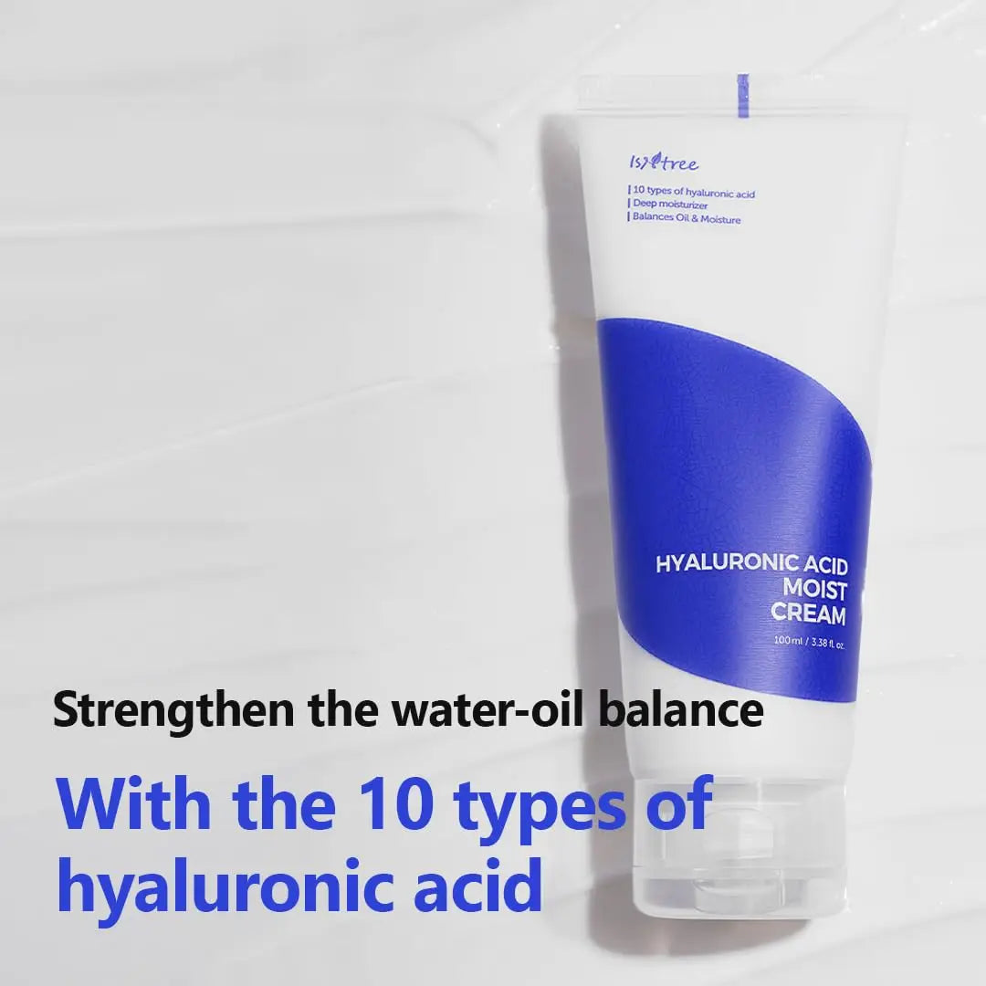 ISNTRE Hyaluronic Acid Moist Cream 100ml tube with blue label on white textured background promoting hydration with 10 types of hyaluronic acid for balanced moisture and skin care.