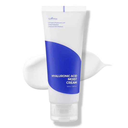 Tube of ISNTRE Hyaluronic Acid Moist Cream 100ml with blue and white packaging standing against a white creamy texture background for facial skincare and hydration.