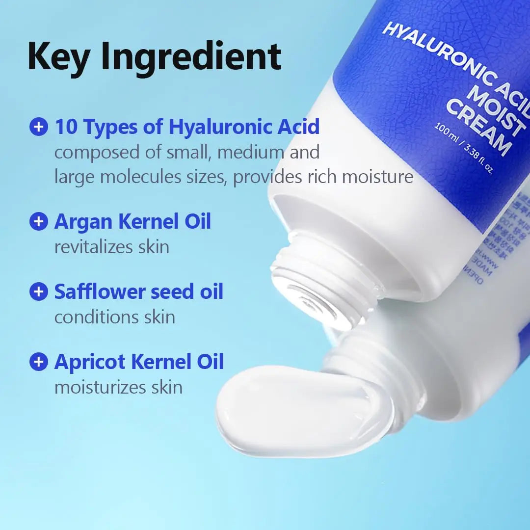 ISNTRE Hyaluronic Acid Moist Cream 100ml tube open with cream flowing out, highlighting key ingredients including 10 types of hyaluronic acid, argan kernel oil, safflower seed oil, and apricot kernel oil.