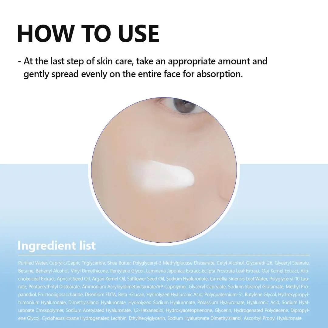 Close-up of a person applying ISNTRE Hyaluronic Acid Moist Cream 100ml to their cheek with visible product texture, alongside usage instructions and ingredient list text.