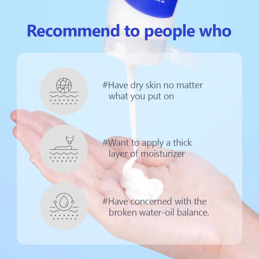 Close-up of a hand holding white cream being dispensed from a blue and white tube, with text recommending ISNTRE Hyaluronic Acid Moist Cream 100ml for dry skin, thick moisturizer application, and balancing water-oil skin levels.