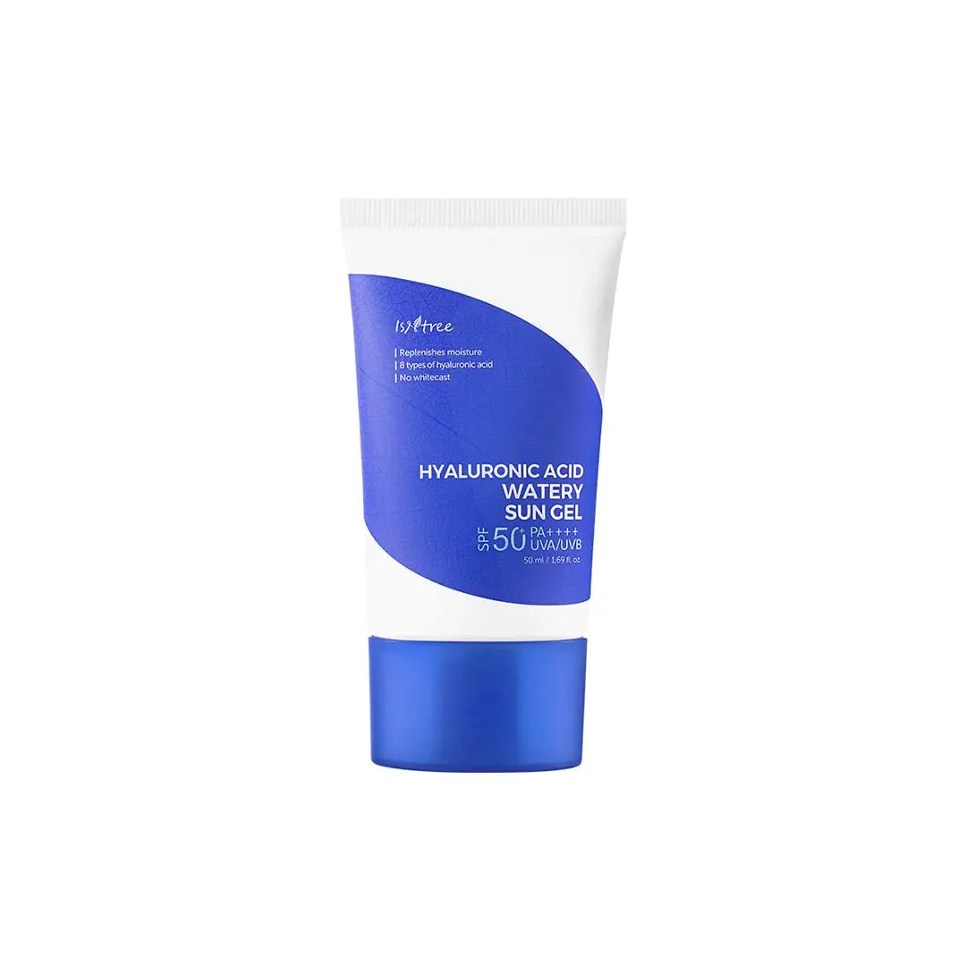 Isntree Hyaluronic Acid Watery Sun Gel 50 ml in a white and blue tube with SPF 50 protection, designed for hydration and sun care.