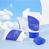 Isntree Hyaluronic Acid Watery Sun Gel 50 ml tube and sachets with a blue cap, shown against a bright sky background, highlighting its lightweight hydrating sunscreen gel formula.