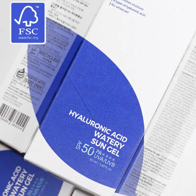 Isntree Hyaluronic Acid Watery Sun Gel 50 ml packaging highlighting SPF 50 PA++++ protection with text on a blue and white box surrounded by other product boxes.