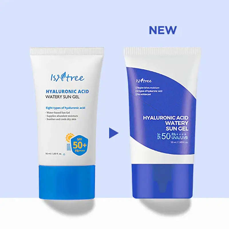 Comparison of Isntree Hyaluronic Acid Watery Sun Gel 50 ml packaging showing the original white and blue tube beside the new white and dark blue tube design labeled with SPF 50 PA++++.