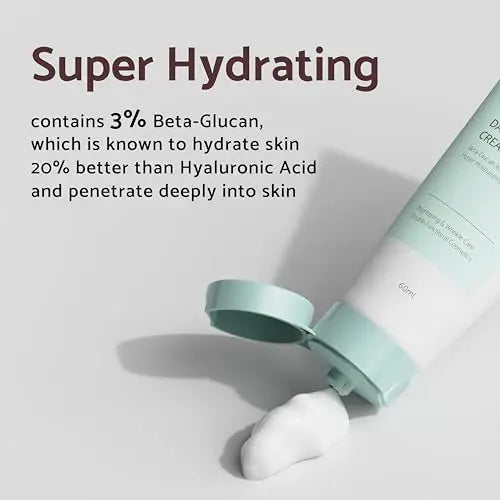 IUNIK Beta Glucan Daily Moisture Cream 60ml with an open cap, showing white cream texture and highlighting 3% Beta-Glucan for superior skin hydration compared to Hyaluronic Acid.
