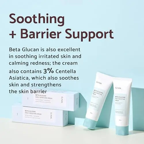 IUNIK Beta Glucan Daily Moisture Cream 60ml with 3% Centella Asiatica, designed to soothe irritated skin, calm redness, and support the skin barrier for gentle hydration.