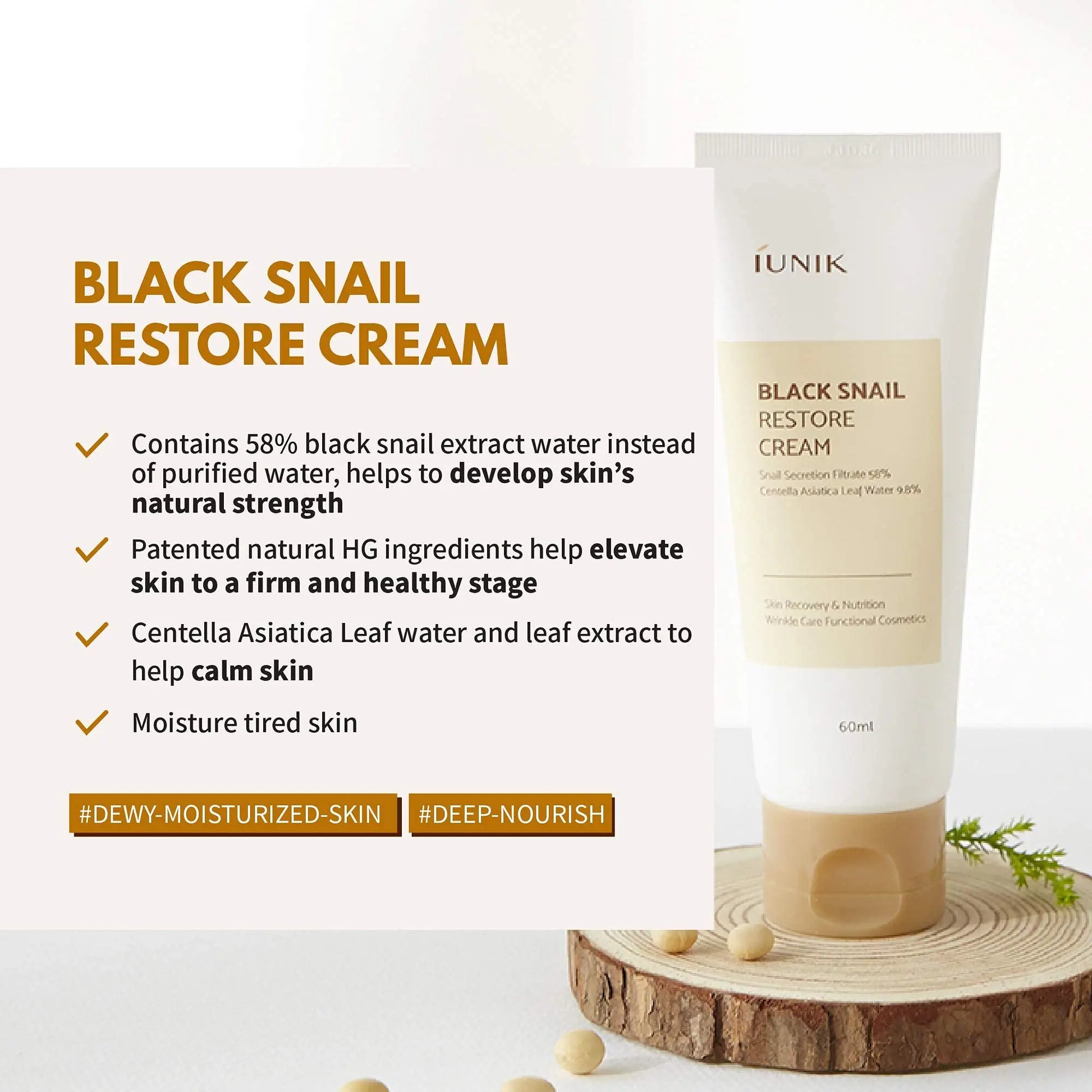 IUNIK Beta Glucan Daily Moisture Cream 60ml + iUNIK Black Snail Restore Cream 60ml with black snail extract to nourish and firm skin, featuring centella asiatica for calming and moisture.