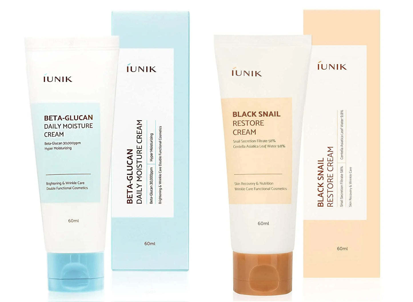 Two tubes of skincare cream with matching boxes, featuring IUNIK Beta Glucan Daily Moisture Cream 60ml in blue packaging and iUNIK Black Snail Restore Cream 60ml in beige packaging.