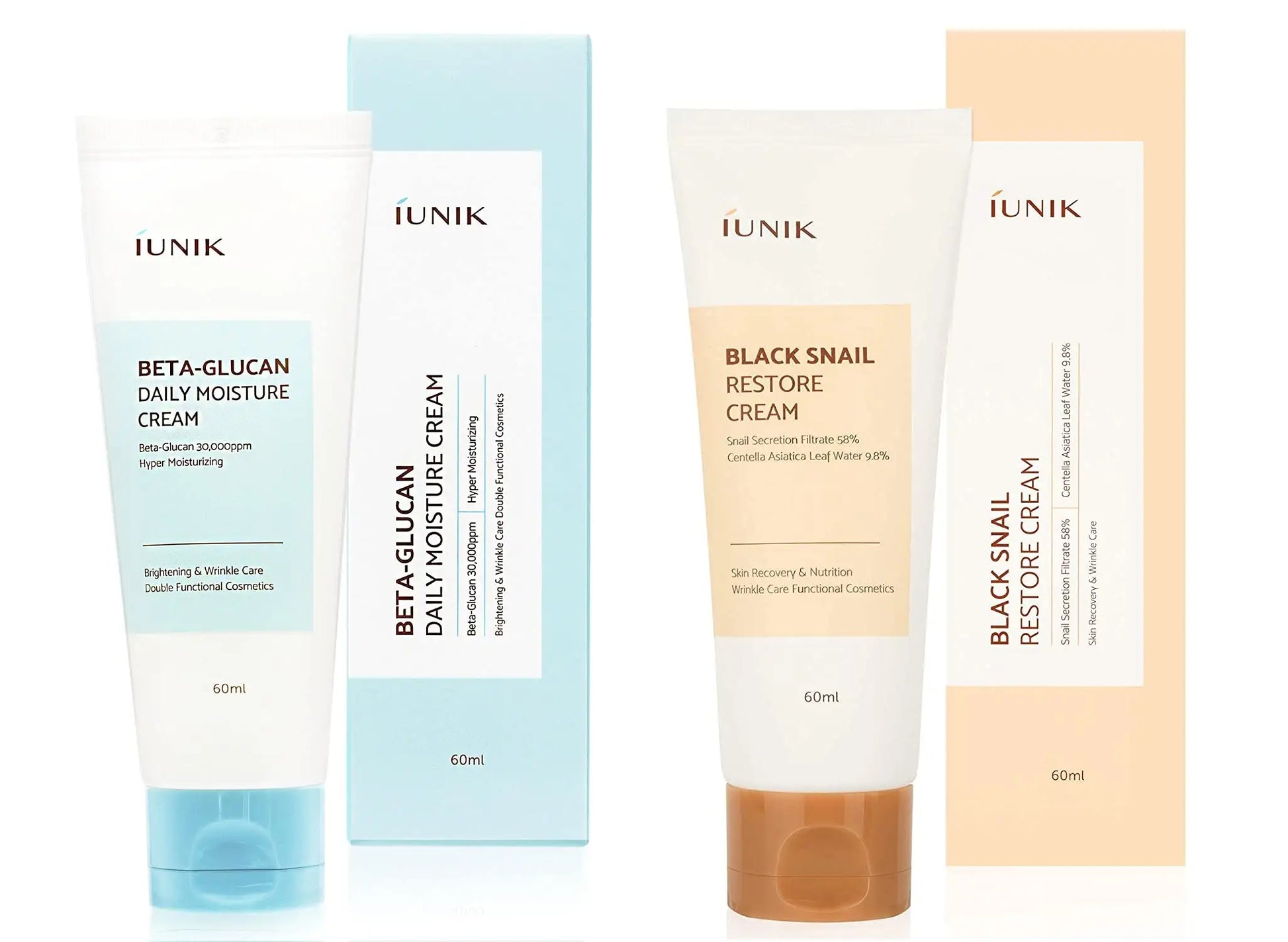 Two tubes of skincare cream with matching boxes, featuring IUNIK Beta Glucan Daily Moisture Cream 60ml in blue packaging and iUNIK Black Snail Restore Cream 60ml in beige packaging.