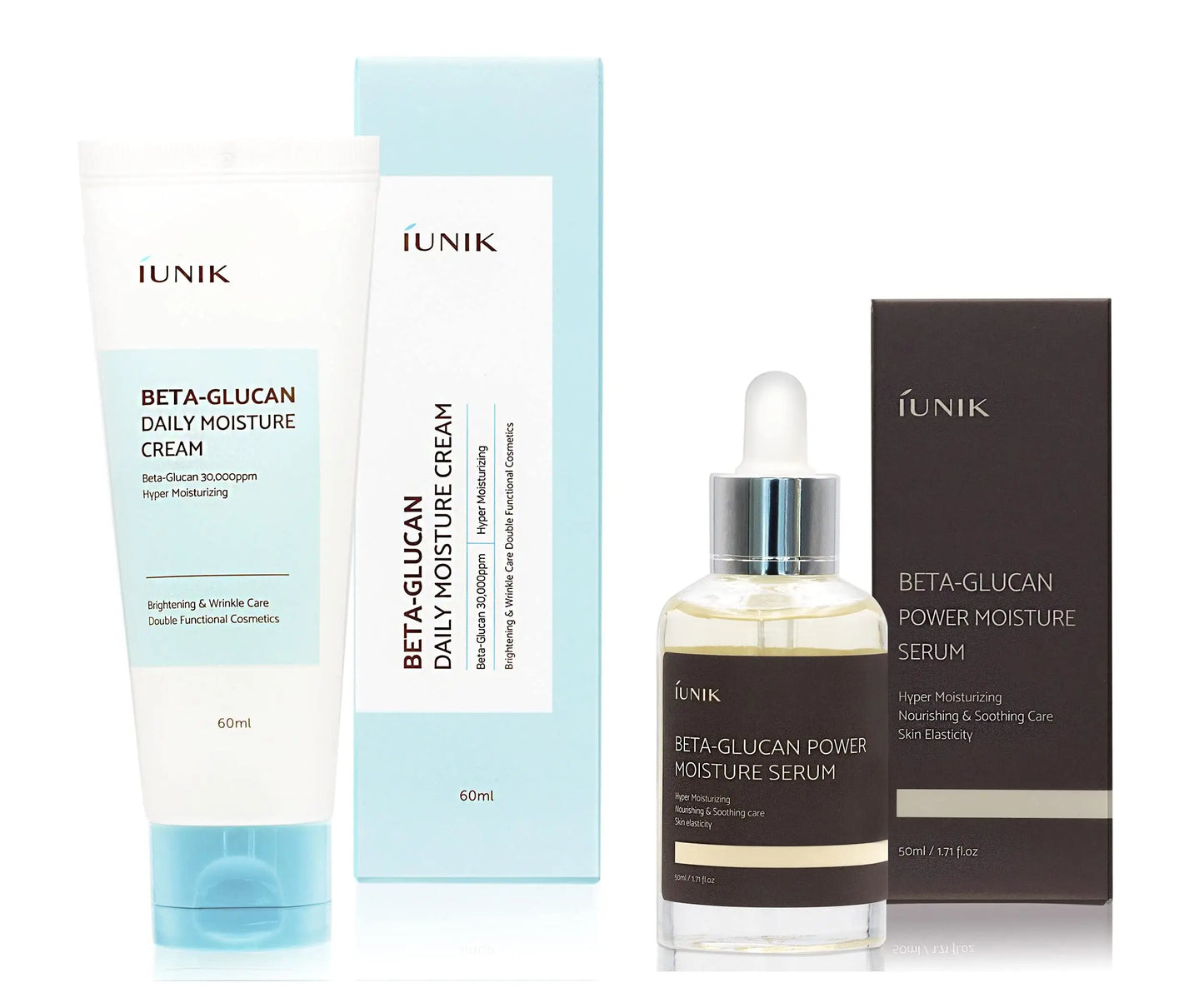 IUNIK Beta Glucan Daily Moisture Cream 60ml + iUNIK Beta Glucan Power Moisture Serum 50ml, Deep Intense Hydration, displayed with packaging for skin brightening and moisture care.